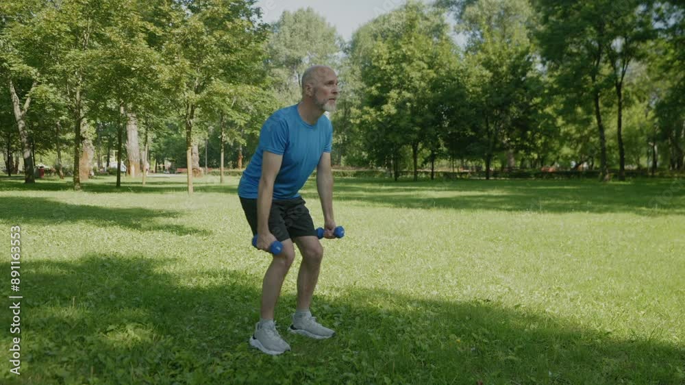 Motivated sporty fit middle aged man doing dumbbell triceps kickback exercise, strengthening and toning arm muscles ,while practicing weight training workout on park green lawn. Motivated sporty fit middle aged man doing dumbbell triceps kickback exercise, strengthening and toning arm muscles ,while practicing weight training workout on park green lawn.