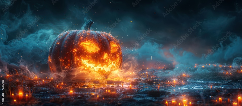 Flaming Jack-o'-Lantern in a Mystical Forest Flaming Jack-o'-Lantern in a Mystical Forest