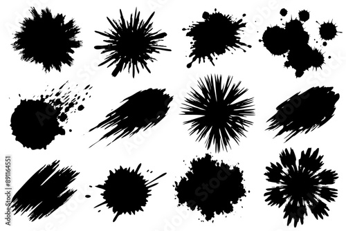 A collection of black ink splatters against a white backdrop