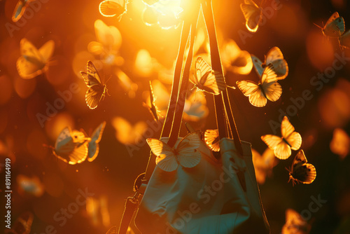 Nymphalidae butterflies gracefully dance around a glowing bag in the warm sky photo