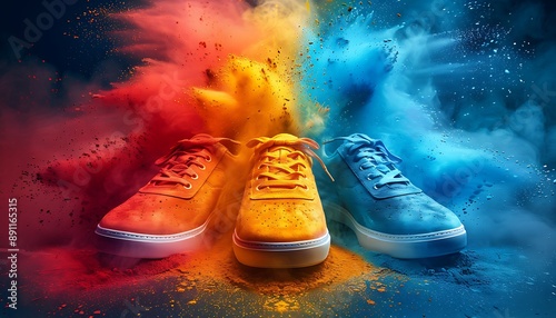 Shoes in colorful powder explosion background. 3d illustration.