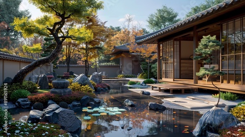 Japanese traditional house with backyard garden and pond