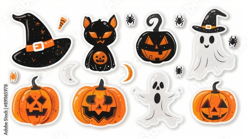 Vibrant Collection of Rhinestone Halloween Stickers Featuring Glittery Pumpkins, Bats, and Spiders on a Stark White Background