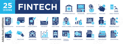 Fintech, technology, banking, financial, business, finance icon set. icons collection. Simple vector illustration