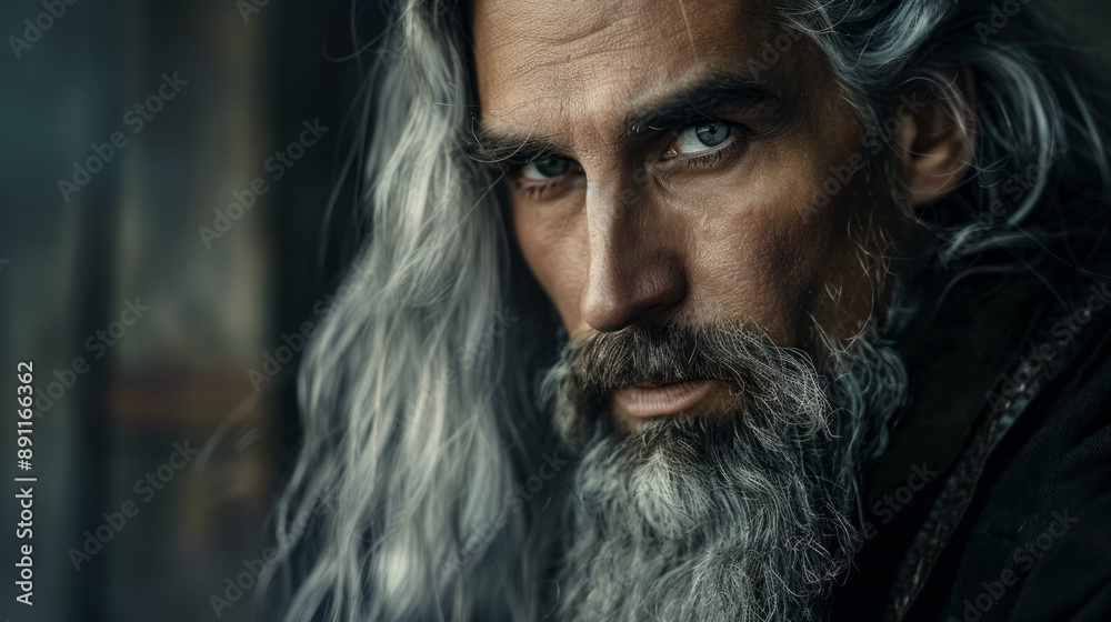 A man with long hair and a beard is staring at the camera