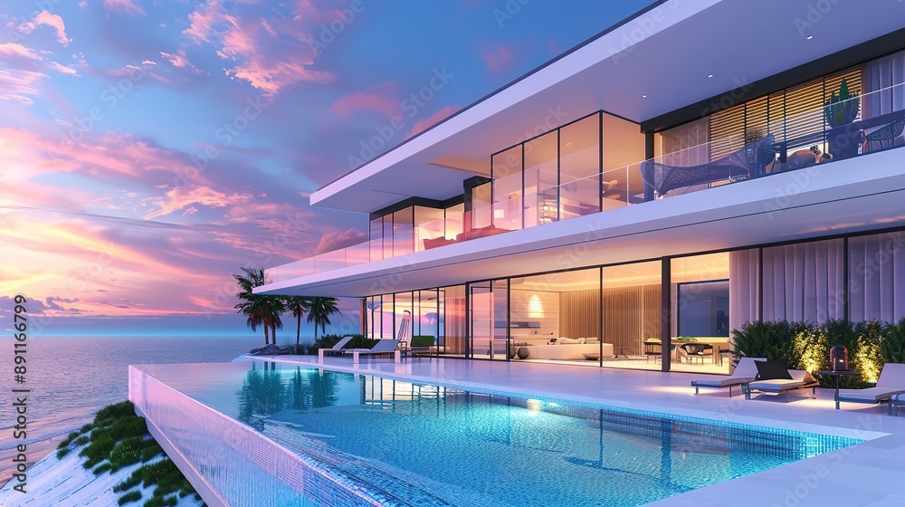 Fototapeta premium Modern house with a swimming pool, modern pool villa at the beach, luxury villa by the ocean at sunset