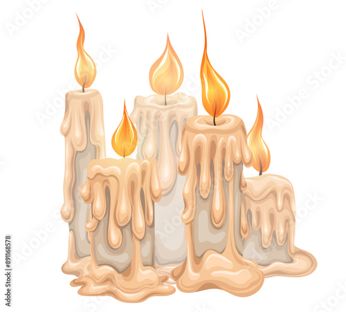 Vector illustration of melting wax candle composition on white background. Religious paraffin candles. Spa and aromatherapy. Holiday decorations for cards, invitations.