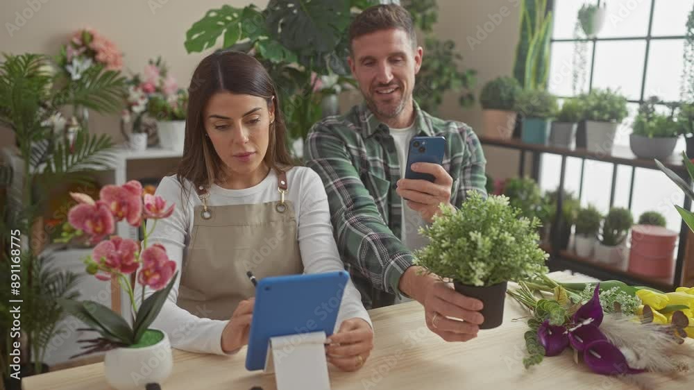 A woman and man collaborate in a flower shop, surrounded by plants, taking notes and using a smartphone, displaying teamwork and small business A woman and man collaborate in a flower shop, surrounded by plants, taking notes and using a smartphone, displaying teamwork and small business