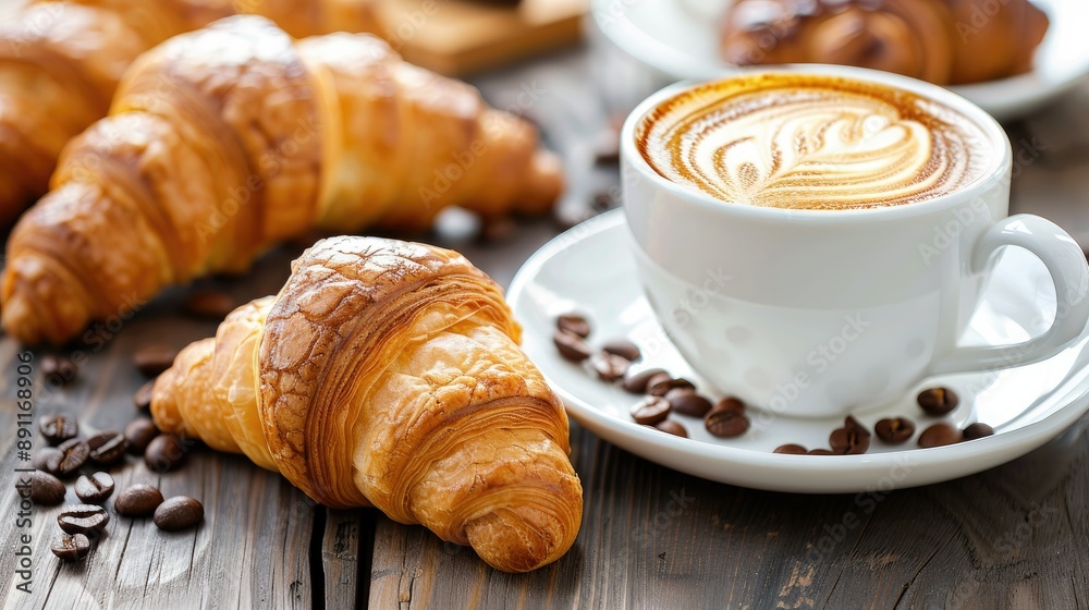 Fresh croissants with cappuccino on wooden table. Fresh croissants with cappuccino on wooden table.