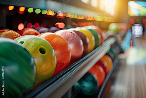 Row of Colorful Bowling Balls on Rack photo