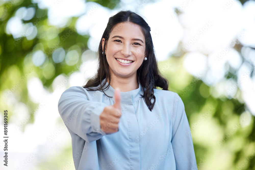 Park, portrait and woman with thumbs up, business and opportunity with thank you, smile and like sign. Face, employee and consultant outdoor, hand gesture and agreement with support and success Park, portrait and woman with thumbs up, business and opportunity with thank you, smile and like sign. Face, employee and consultant outdoor, hand gesture and agreement with support and success