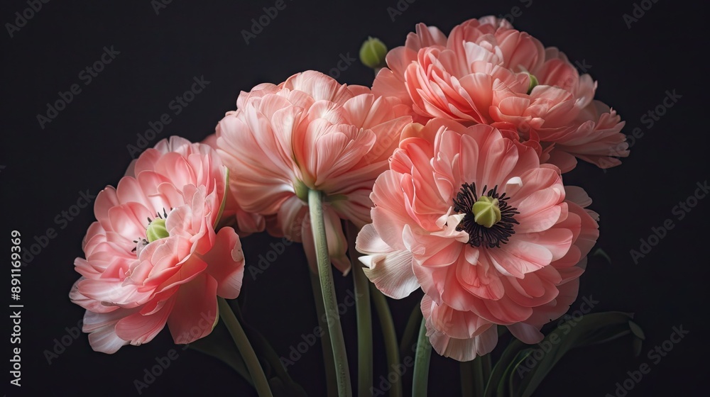 Pink flowers in bloom against a serene dark background Pink flowers in bloom against a serene dark background