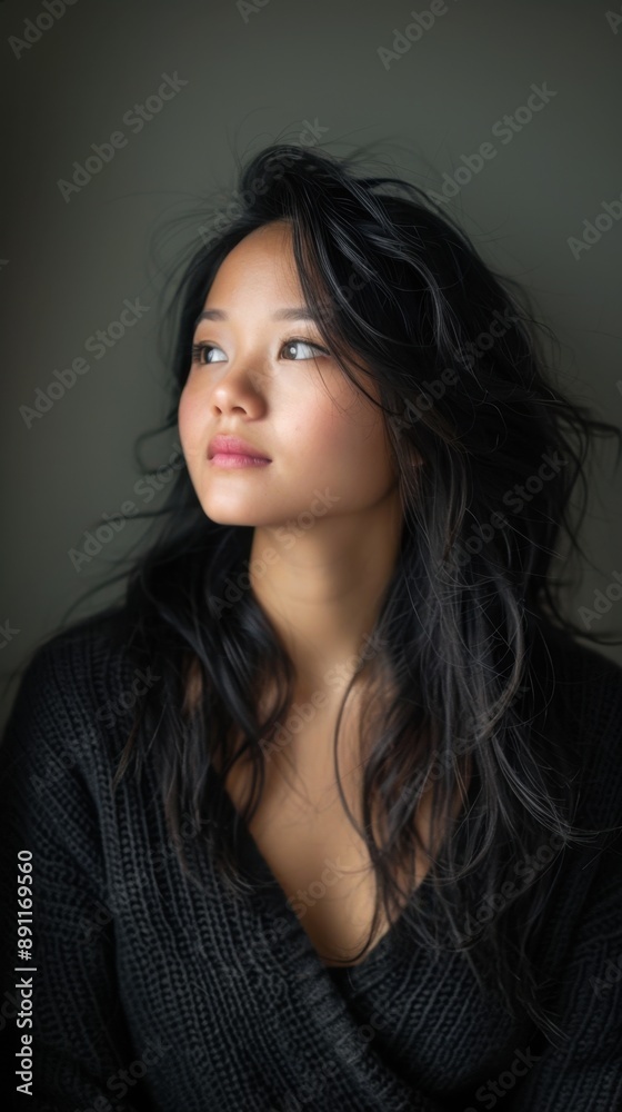 Thoughtful young woman with long black hair gazing out of the window in soft natural light, dressed in a cozy black sweater. Thoughtful young woman with long black hair gazing out of the window in soft natural light, dressed in a cozy black sweater.
