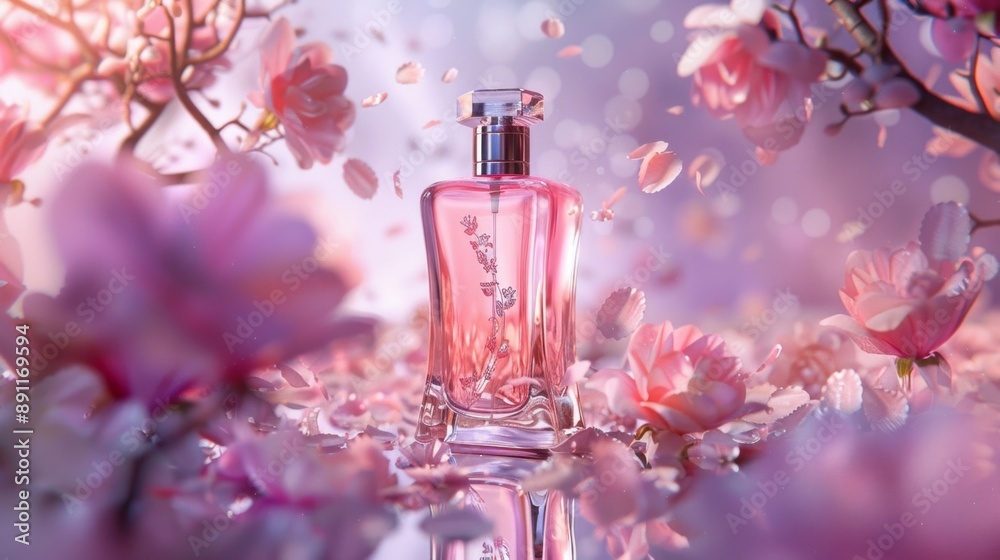 A bottle of perfume is surrounded by pink flowers A bottle of perfume is surrounded by pink flowers