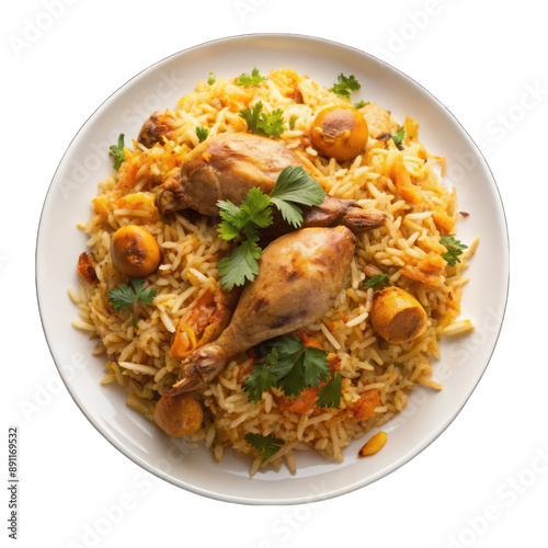 White plate of chicken biryani top view isolated on transparent background