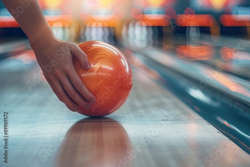 Close-up Hand Gripping Bowling Ball in Lane photo