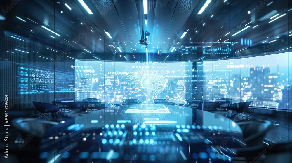 Futuristic High Tech Meeting Room with Holographic Presentation and Glass Walls.