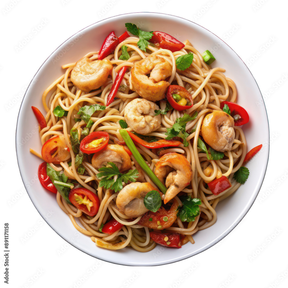 Wok noodles with chicken, shrimp and vegetables on white plate on transparent