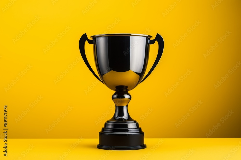 Black Trophy Against a Vibrant Yellow Background Black Trophy Against a Vibrant Yellow Background