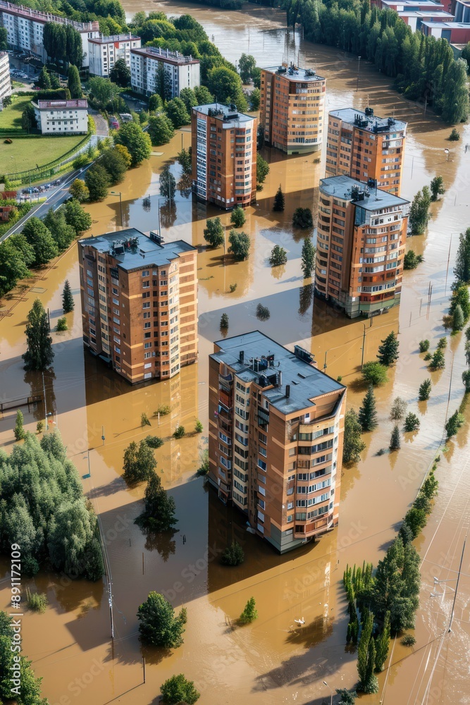 Aerial view of flooded cityscape buildings partially submerged in murky brown waters. City skyline visible on one side, with apartment structures, landmarks interspersed throughout scene. Aerial view of flooded cityscape buildings partially submerged in murky brown waters. City skyline visible on one side, with apartment structures, landmarks interspersed throughout scene.