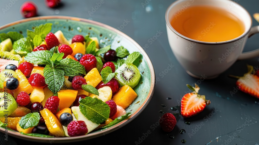 Fresh fruit salad with mint and a cup of tea on a dark background.