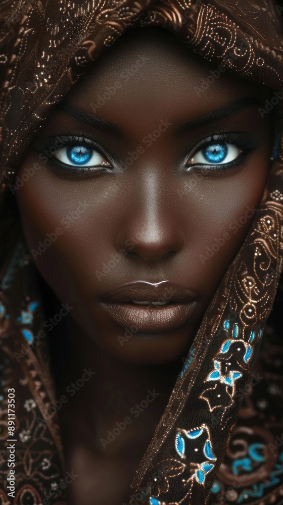 Fototapeta premium A woman with blue eyes and a brown scarf draped over her head