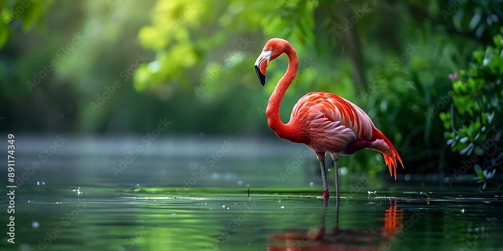 Fototapeta premium Pink flamingo in the water. Wildlife scene from tropics.