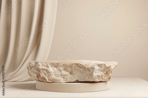 Empty texture stone platform eco podium on beige copy space background. Minimal still life display product presentation scene - generative ai