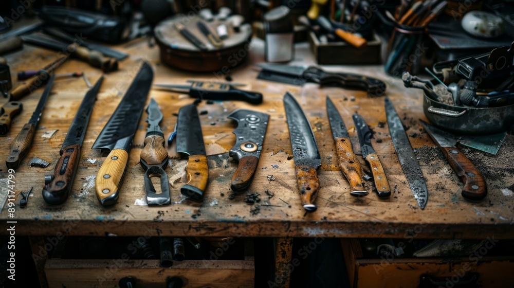 Rustic knives arranged on a wooden workbench in a cluttered workshop, tools and materials scattered around. Rustic knives arranged on a wooden workbench in a cluttered workshop, tools and materials scattered around.