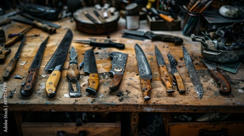 Rustic knives arranged on a wooden workbench in a cluttered workshop, tools and materials scattered around.