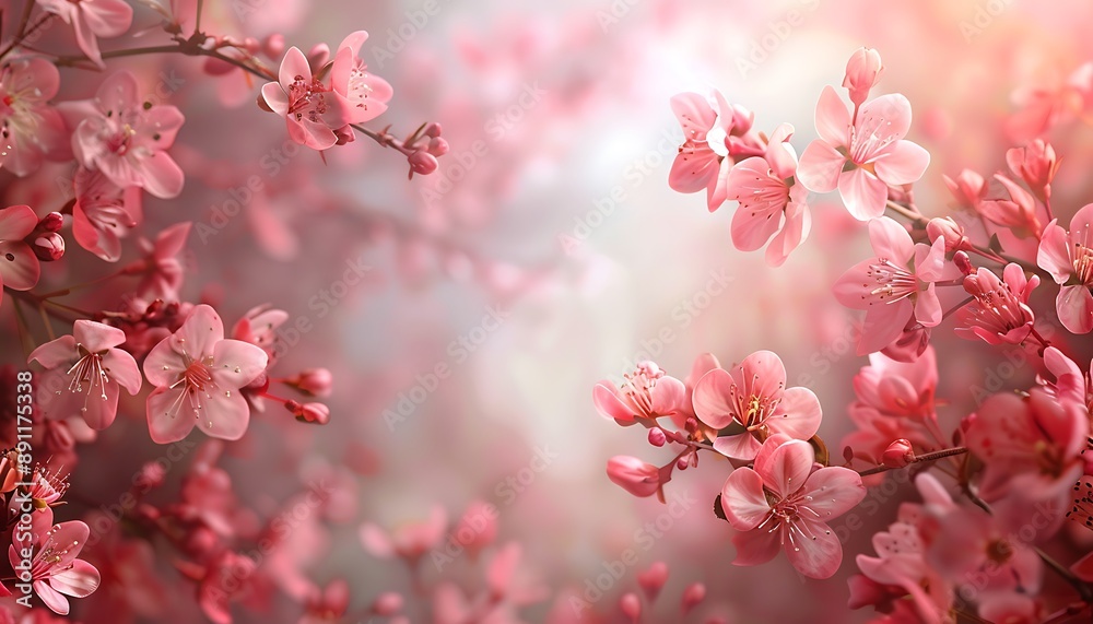 Blossoming branch of sakura with pink flowers on a light background Blossoming branch of sakura with pink flowers on a light background