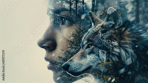  double exposure blending the profile of a human face with the graceful lines of an animal, such as a wolf or eagle, representing the connection between humanity and the natural world. photo