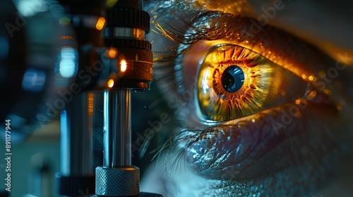 A patient undergoing a retinal examination with a slit lamp biomicroscope, showing a detailed view of the retina and optic nerve.