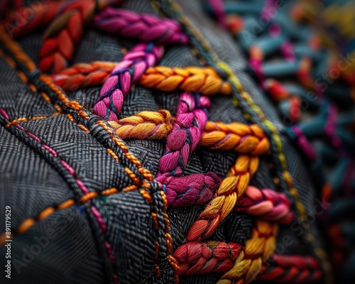 Street fashion detail, closeup on the stitching and fabric of a handmade garment, personal style