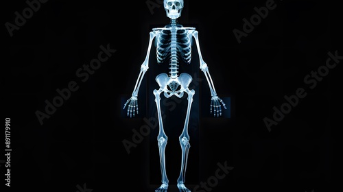 X-Ray of a Full Skeleton: Complete X-ray image of a human skeleton in an upright position.
