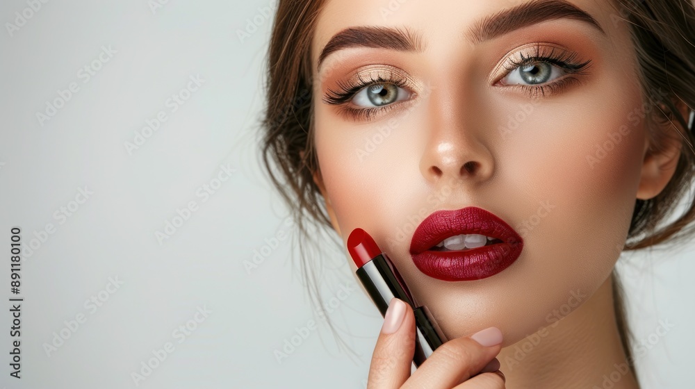 young woman wearing make up holding lipstick