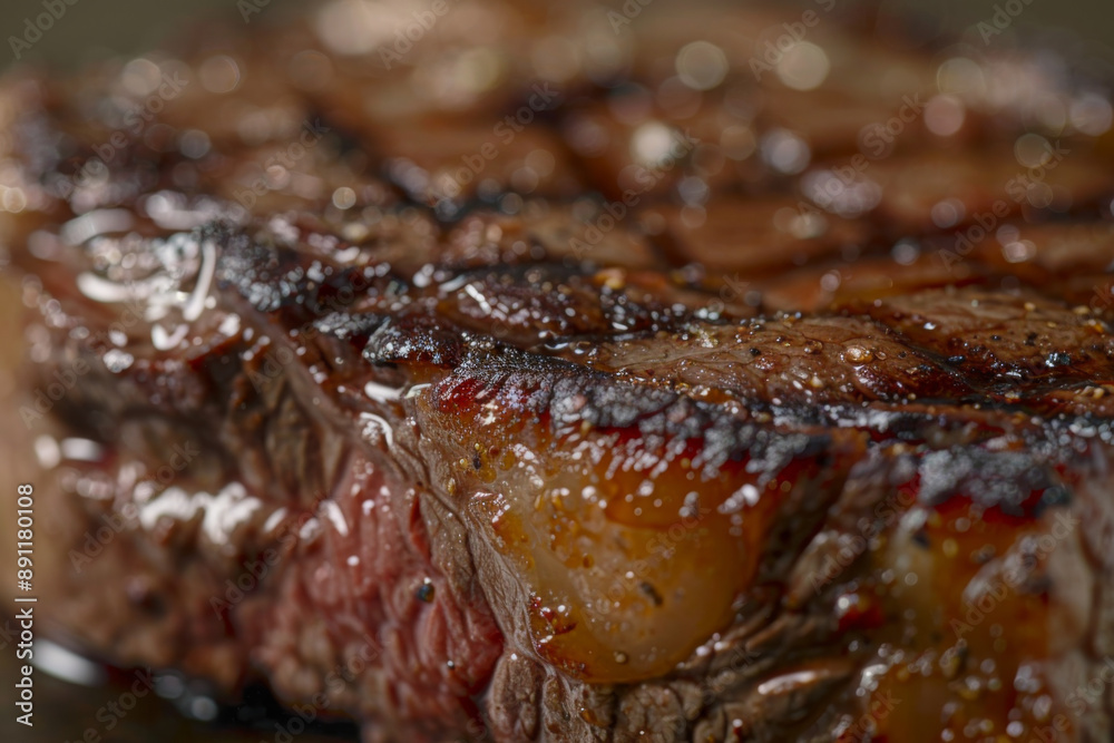 A delicious close-up of a perfectly cooked steak, highlighting its juicy marbling and savory crust. The steak's seared exterior and succulent interior showcase exceptional culinary skill A delicious close-up of a perfectly cooked steak, highlighting its juicy marbling and savory crust. The steak's seared exterior and succulent interior showcase exceptional culinary skill