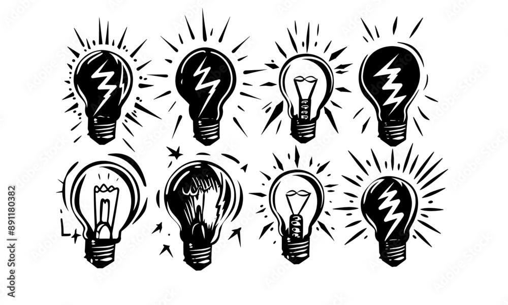 Doodle black linocut Lightbulb icon set. Light bulb, electricity, energy symbol or label. Vector illustration Doodle black linocut Lightbulb icon set. Light bulb, electricity, energy symbol or label. Vector illustration