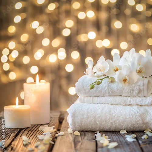 SPA setting with flowers, orchid, candle or towel on wooden table in massage room. Modern SPA salon