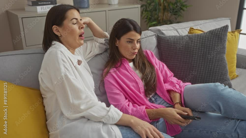 Two women sit together on a sofa in a cozy living room, watching tv, and appear to be focused and relaxed, with colorful cushions and plants in the background Two women sit together on a sofa in a cozy living room, watching tv, and appear to be focused and relaxed, with colorful cushions and plants in the background