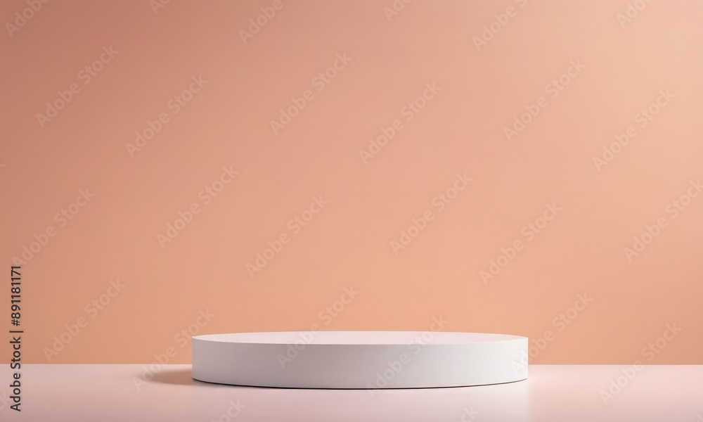 Stand made of pure white material in Peach Fuzz colors backgrounds. Product stand and display podium. Stand made of pure white material in Peach Fuzz colors backgrounds. Product stand and display podium.