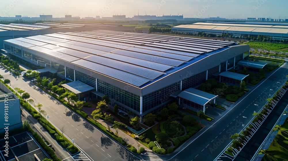 Modern Factory Complex with Solar Panels and Eco-Friendly Landscaping Modern Factory Complex with Solar Panels and Eco-Friendly Landscaping
