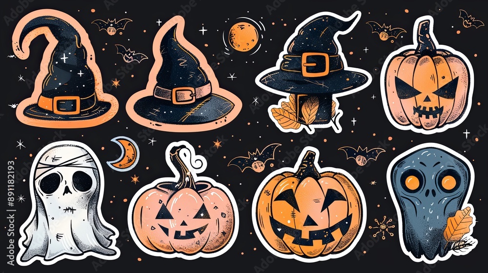 vector, illustration, flat, Halloween stickers set elements, hand drawn scary illustration. Cute badge collection with pink broom, spooky pumpkin, mummy and horror calligraphy. Creepy holiday symbols. vector, illustration, flat, Halloween stickers set elements, hand drawn scary illustration. Cute badge collection with pink broom, spooky pumpkin, mummy and horror calligraphy. Creepy holiday symbols.