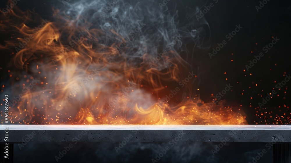 Table with burning fire sparks and smoke on dark background Table with burning fire sparks and smoke on dark background