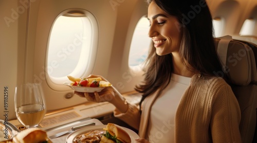 Woman enjoying an in-flight meal with the airplane interior and window in the background