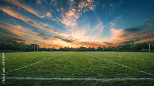 Rugby field with the sky transitioning from day to night, featuring a mix of blue and orange colors, the field is empty and quiet, capturing the beauty of twilight, photography, time-lapse effect, © Janejira
