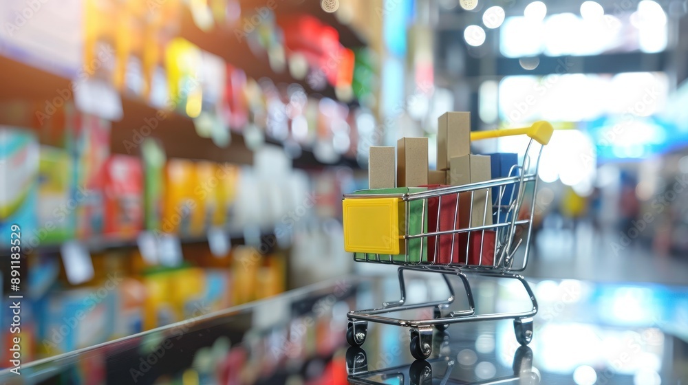 Shopping cart with store background Shopping cart with store background