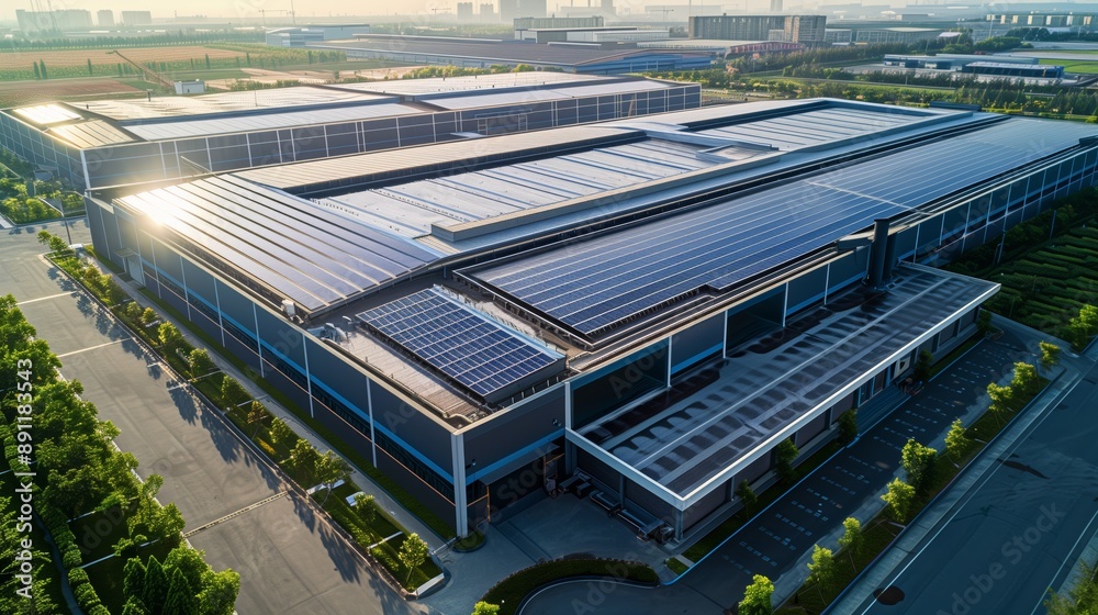 Modern Factory Complex with Solar Panels and Eco-Friendly Landscaping Modern Factory Complex with Solar Panels and Eco-Friendly Landscaping