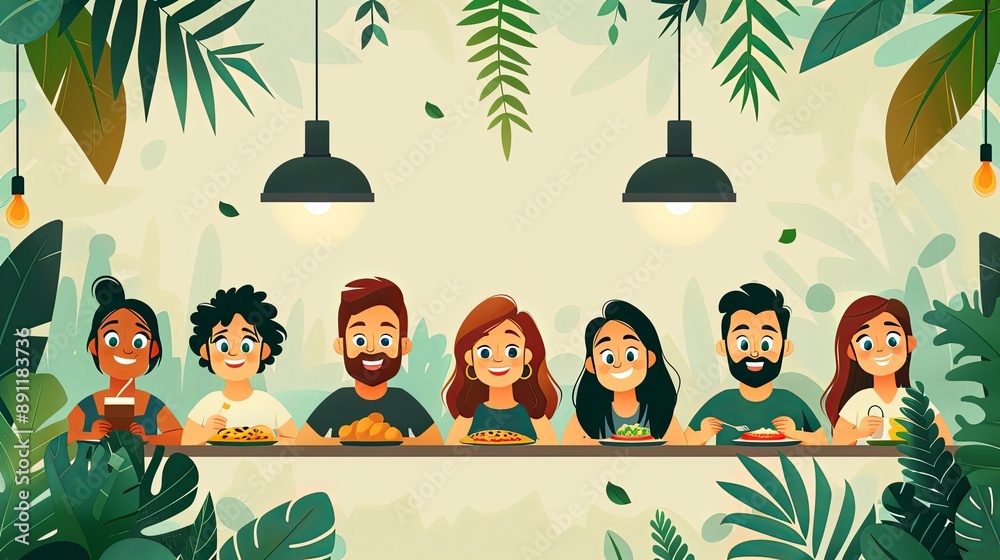 Naklejka premium vector, illustration, flat, Group of friends having meeting in pizzeria, flat vector illustration on white background. Men and women cartoon characters eat pizza and communicating in cafe