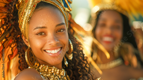 Rio de Janeiro woman dancing samba during Carnival celebrations, surrounded by vibrant costumes and music